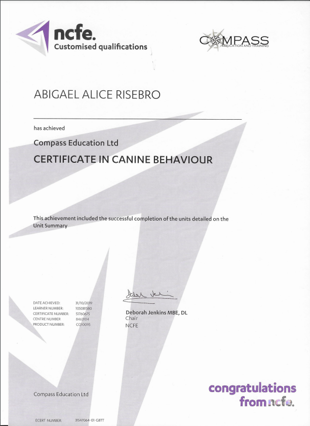 NCFE Dog Behaviour Certificate 2019