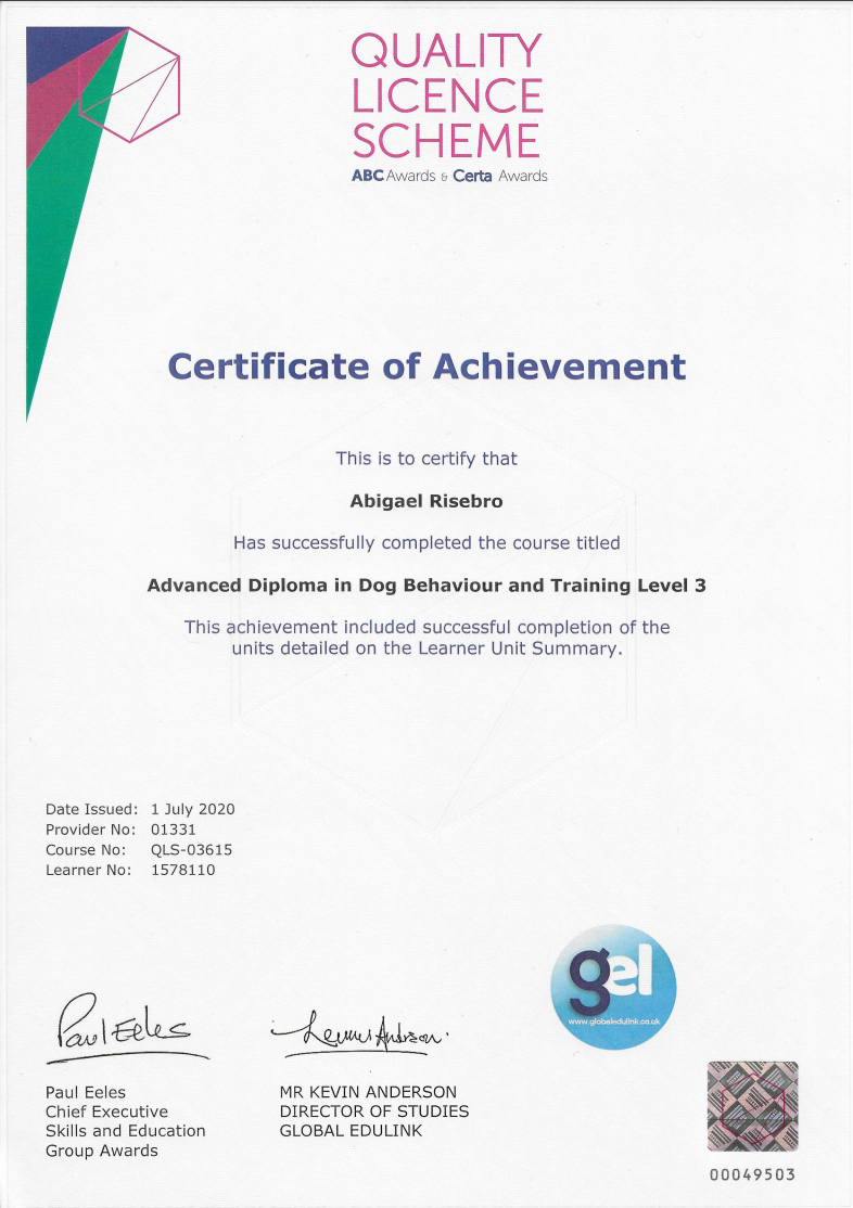 ABC Awarded Advanced Level 3 Diploma in Dog Behaviour and Training 2020